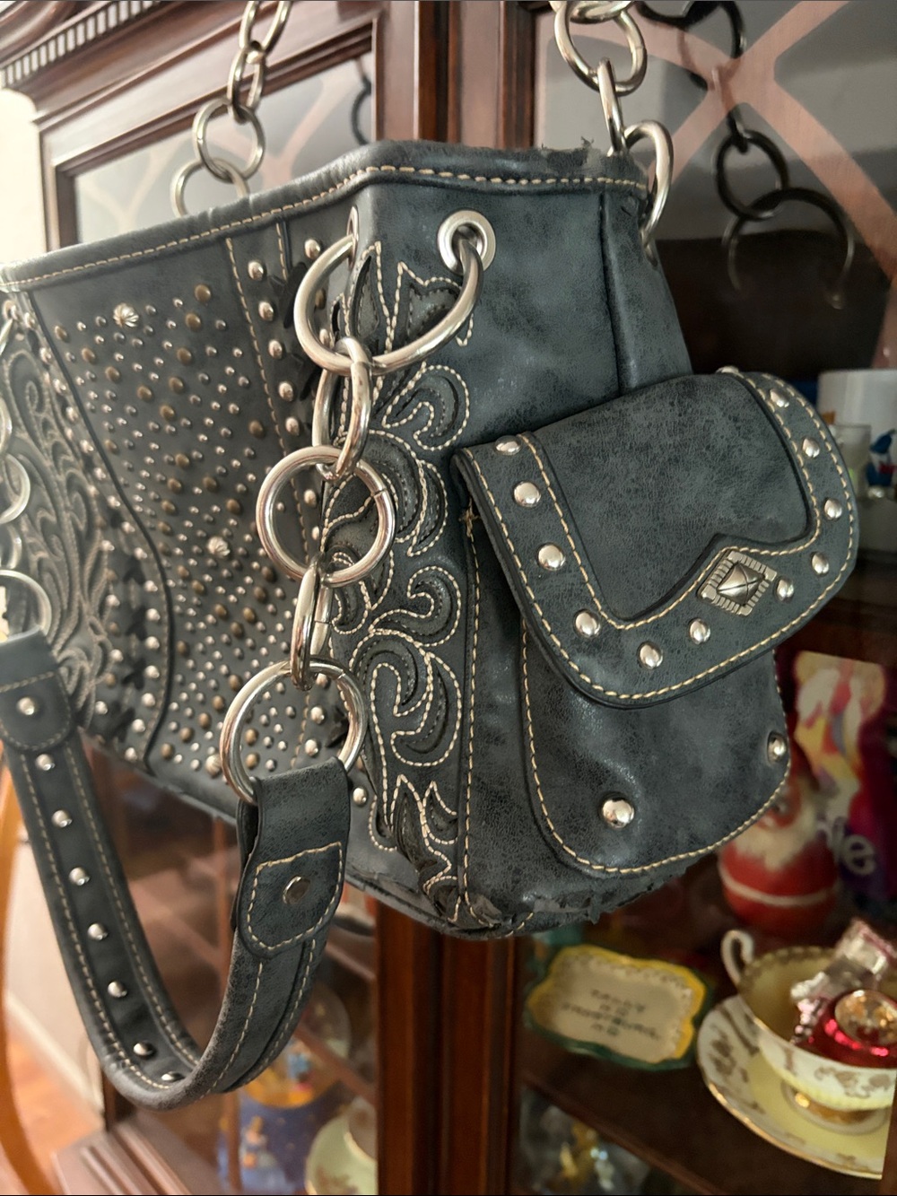 Montana West Black Embroidered Studded Shoulder Bag with Chain Straps - Picture 3 of 10